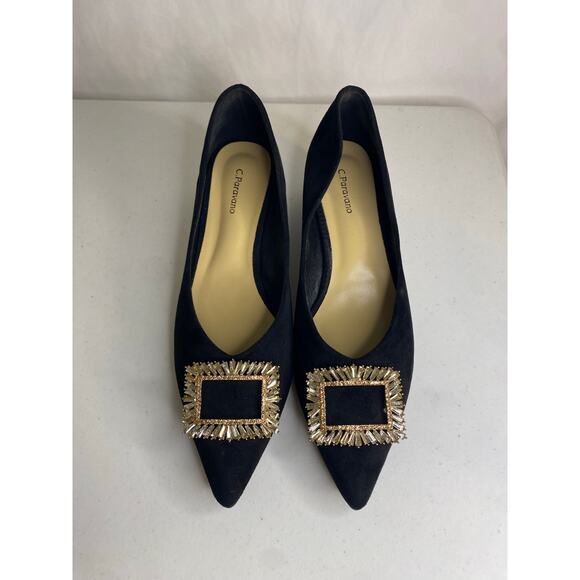 NEW C. Paravano Black Pointy Toe Low Heels Dress Pumps Rhinestone Buckle 42 11 - Picture 3 of 14